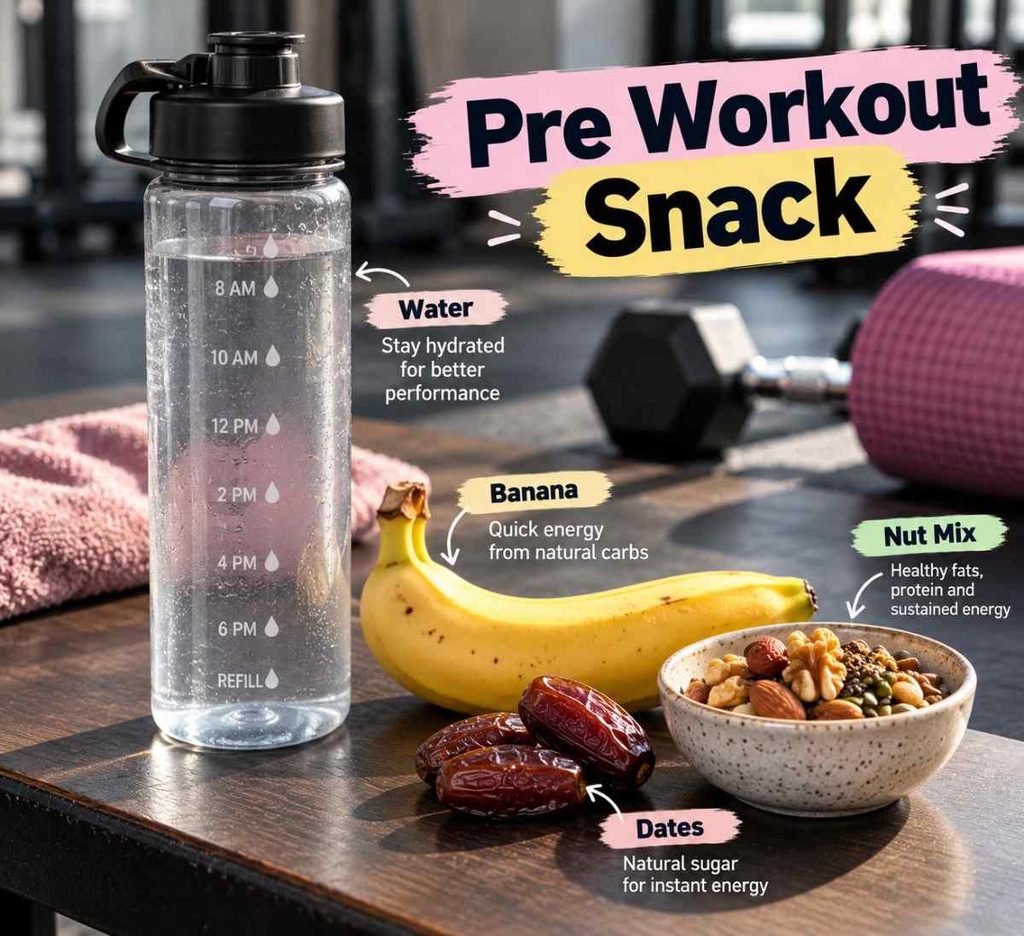 Pre workout snacks and water for exercise hydration