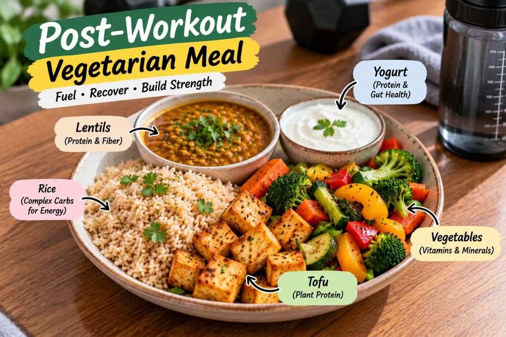 Balanced post-workout meal providing carbohydrates, protein, and vegetables for recovery