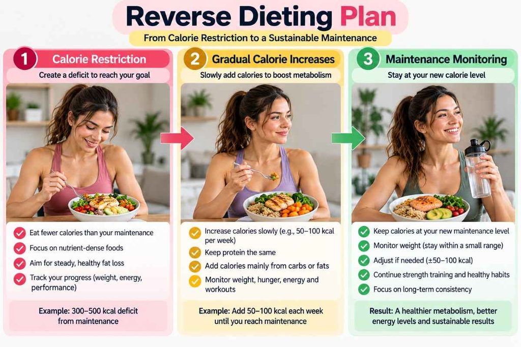 Understand the reverse dieting plan from calorie deficit to maintenance3