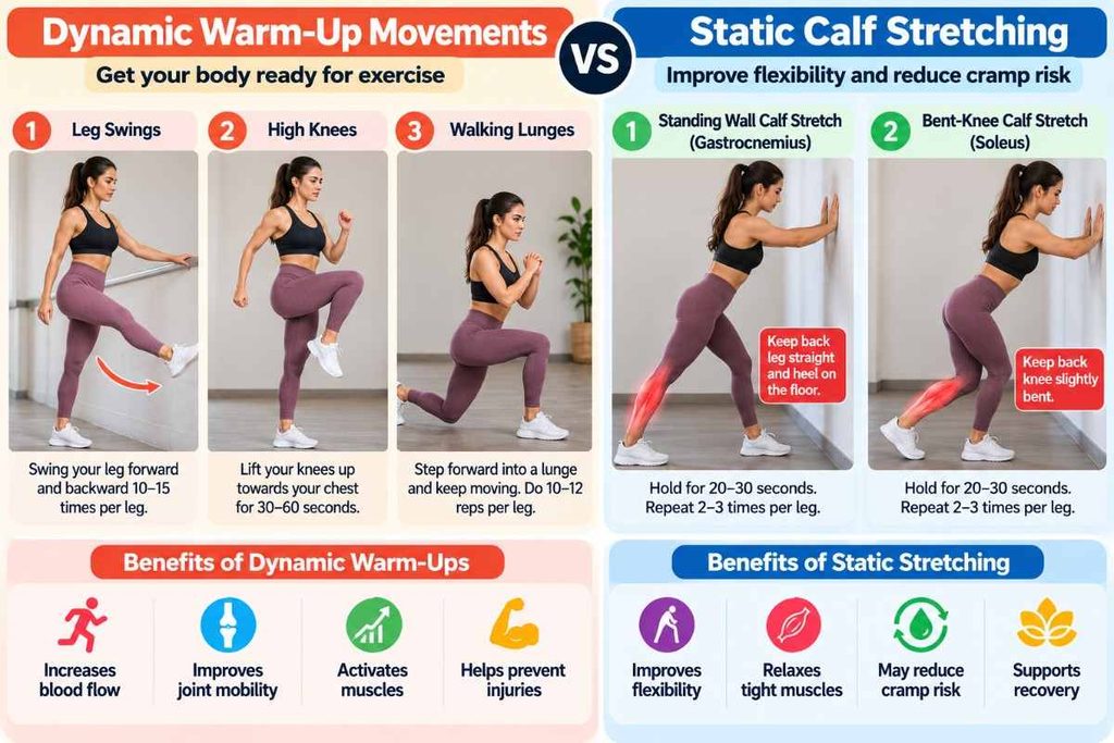 Compare warm-up exercises and calf stretches for muscle cramp prevention