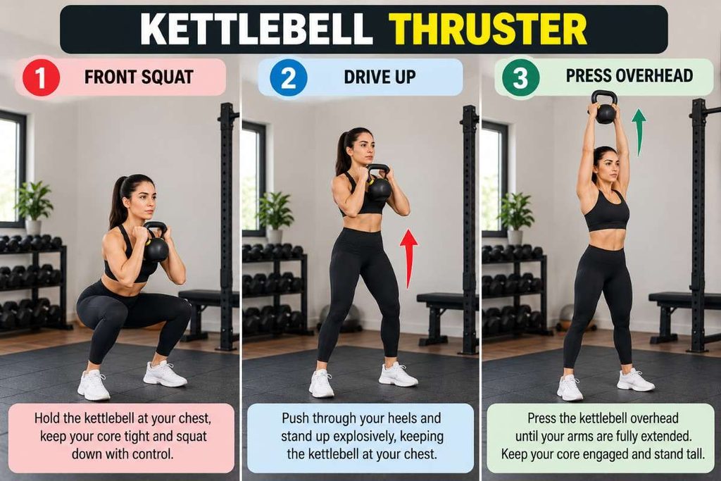 Woman performing a kettlebell thruster as part of a balanced home strength workout