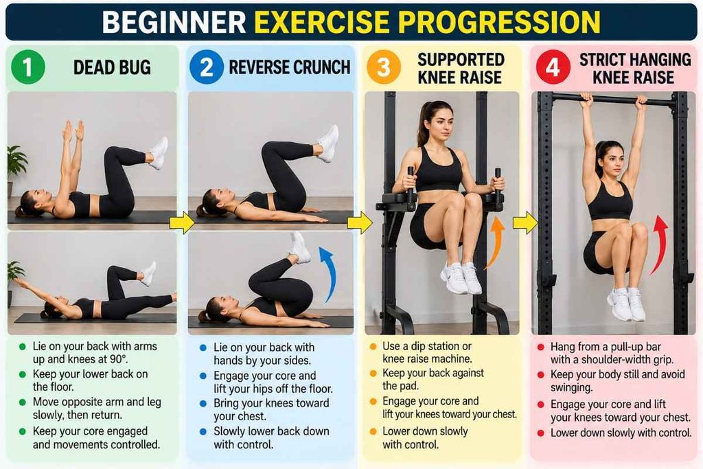 Progression from beginner core exercises to hanging knee raises
