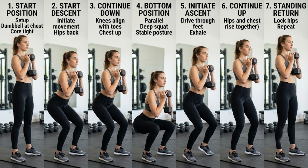 Demonstrate goblet squat exercise proper form step by step