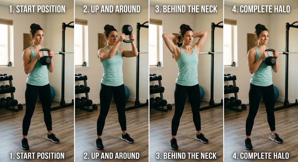 Woman performing kettlebell halos during an upper-body warm-up
