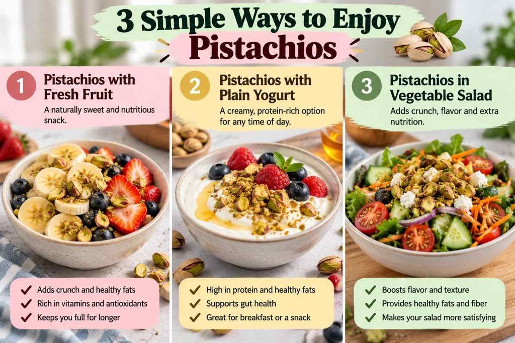 Healthy ways to eat pistachios with fruit, yogurt, and fresh vegetables