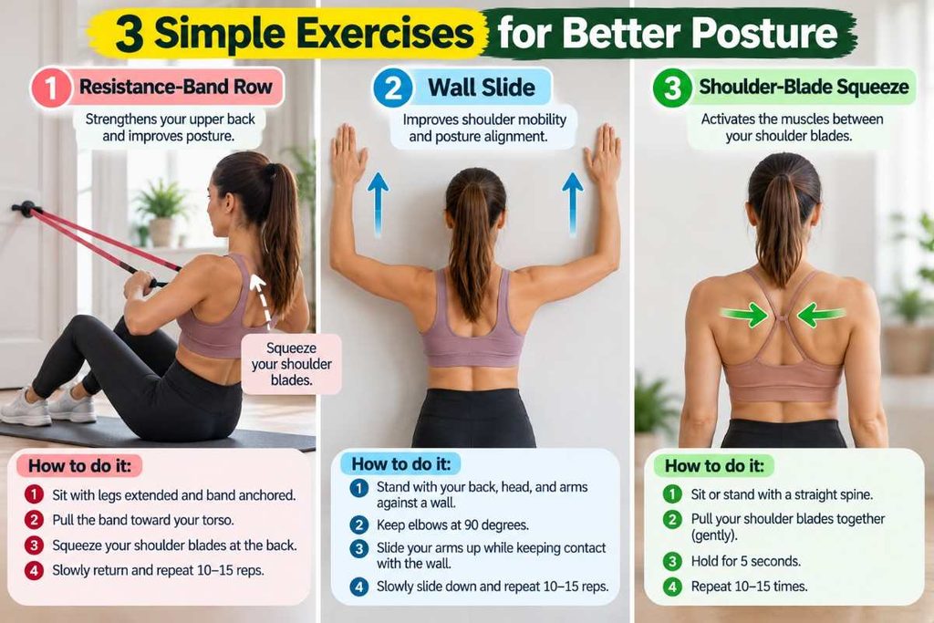 Woman demonstrating posture correction exercises for upper-back strength