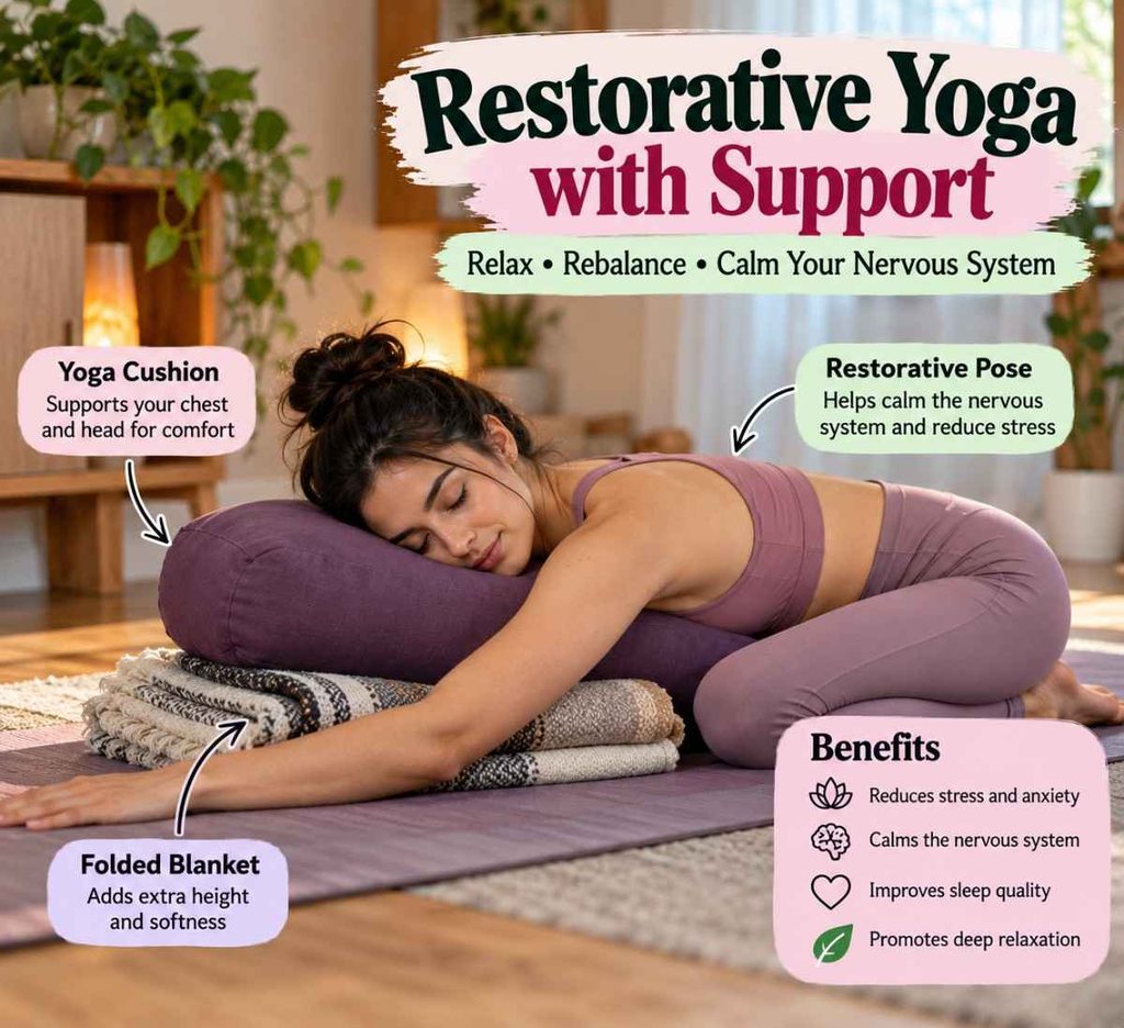 Supported restorative yoga pose for comfortable nervous system relaxation