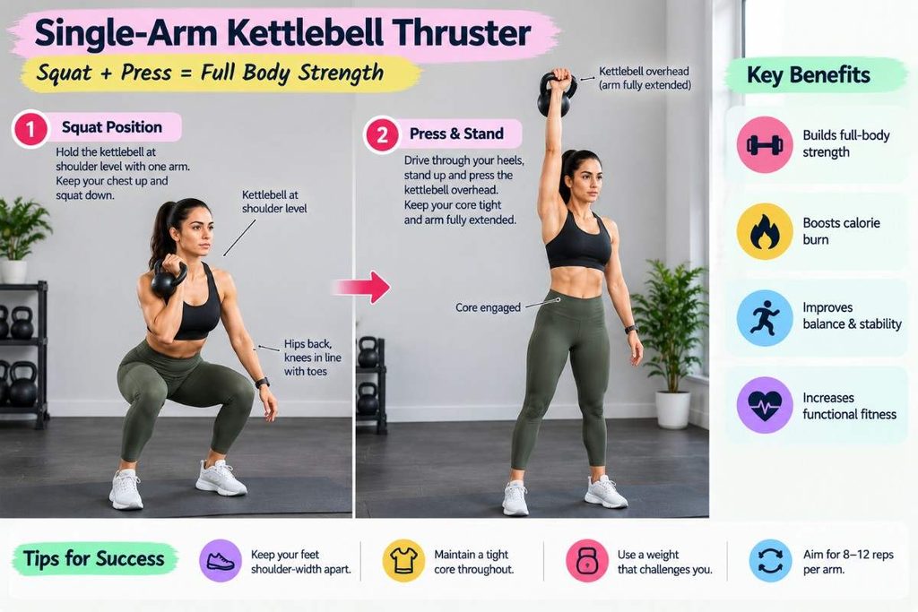 Single-arm kettlebell thruster variation with controlled squat and overhead press