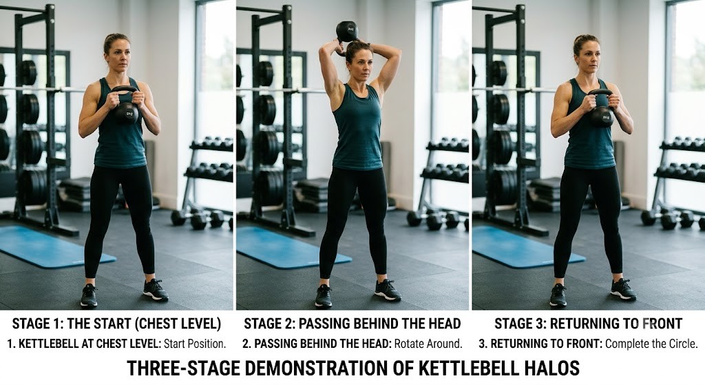 Three stages of the kettlebell halo exercise demonstrating controlled movement around the head